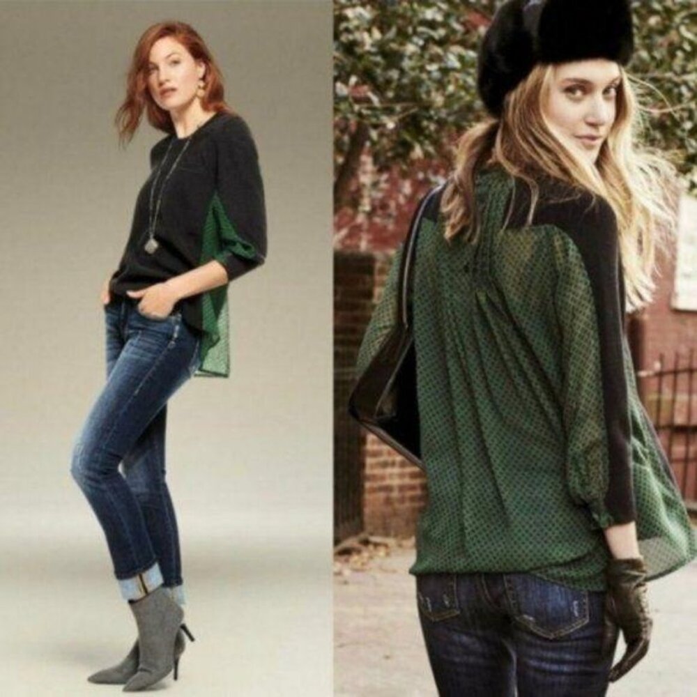 Cabi M Black Knit Green Print‎ Chiffon Contrast Sweater 3520 GET TOGETHER